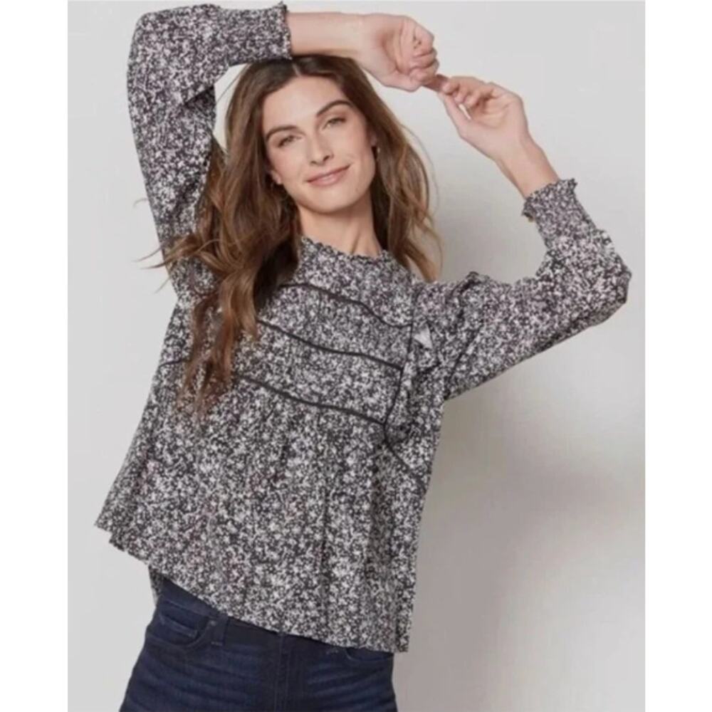 Rails Kadi Black & White Ditsy Floral Peasant Top in Onxy Meadow Women's Medium
